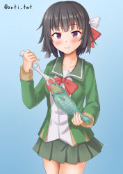 Rule 34 | 1girl, anti (untea9), black hair, blue background, blush, cowboy shot, fish, gradient background, green jacket, green sailor collar, green skirt, hair ribbon, highres, ishigaki (kancolle), jacket, kantai collection, long sleeves, looking at viewer, one-hour drawing challenge, pleated skirt, purple eyes, red ribbon, ribbon, sailor collar, school uniform, short hair, simple background, skirt, smile, solo, white ribbon