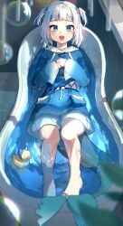 Rule 34 | 1girl, :d, absurdres, barefoot, bath, bathing, bathroom, bathtub, blue eyes, blue hair, blue hoodie, blue nails, bubble, fins, fish tail, full body, gawr gura, hair ornament, hand on own chest, happy, highres, hololive, hololive english, holomyth, hood, hoodie, long sleeves, looking at viewer, lying, medium hair, multicolored hair, nail polish, no pants, on back, open mouth, partially submerged, qwa b ook, rubber duck, shark girl, shark hair ornament, shark tail, sharp teeth, smile, soap bubbles, solo, streaked hair, tail, teeth, tile wall, tiles, two-tone hair, two side up, virtual youtuber, white hair, wide sleeves