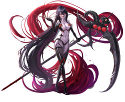 Rule 34 | 1girl, absurdly long hair, absurdres, black hair, blood, boots, breasts, colored skin, crossed legs, demon, demon girl, dungeon and fighter, elbow gloves, fangs, fingernails, full body, garter straps, gloves, high heel boots, high heels, highres, holding, holding scythe, large breasts, long fingernails, long hair, looking at viewer, navel, pointy ears, ponytail, purple skin, red eyes, revealing clothes, scythe, semicolon9991, sharp fingernails, solo, standing, thigh boots, tongue, tongue out, very long hair, watson cross, white background