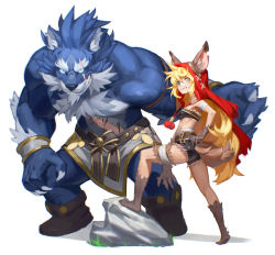 Rule 34 | 1boy, 1girl, animal ears, ass, bandages, bare shoulders, belt, big bad wolf, black bow, blonde hair, blood, blood from mouth, blood on face, blue eyes, blue skin, bow, breasts, claws, colored skin, full body, furry, furry male, grey background, grin, highres, little red riding hood, little red riding hood (grimm), long hair, medium breasts, rock, shorts, simple background, sisiyong, smile, standing, tail, teeth, upper teeth only, werewolf, wolf ears, wolf tail