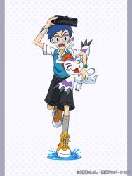 Rule 34 | 1boy, bag, black eyes, black shorts, blue hair, blue sweater vest, child, closed eyes, commentary request, crests (digimon), digimon, digimon (creature), digimon adventure, glasses, gomamon, grey socks, highres, holding, holding bag, holding digimon, improvised umbrella, kido jo, official art, open mouth, puddle, shirt, shoes, short hair, shorts, sneakers, socks, sweater vest, watch, water, water drop, wet, wet hair, white shirt, wristband, wristwatch, yellow footwear