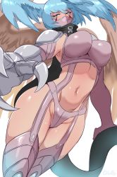 Rule 34 | 1girl, armor, ass, belt, breasts, curvy, digimon, flying, harpy, head wings, highleg, highleg panties, highres, large breasts, lightsource, looking at viewer, monster girl, navel, panties, revealing clothes, scarf, shiny skin, shutumon, simple background, solo, thong, underwear, white background, wide hips, wings