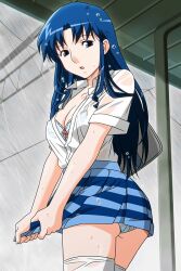 Rule 34 | 1girl, blue eyes, blue hair, blue skirt, bra, clothes pull, cowboy shot, fujiwara aya, long hair, looking at viewer, miniskirt, non-web source, official art, open mouth, panties, pantyshot, photoshop (medium), pleated skirt, rain, see-through, shirt, shirt tucked in, skirt, skirt pull, solo, standing, striped clothes, striped skirt, super real mahjong, tanaka ryou, thighhighs, underwear, wet, wet clothes, wet hair, white shirt, white thighhighs, wringing clothes, wringing skirt