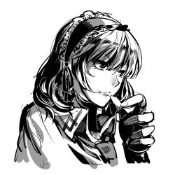 Rule 34 | 1girl, alice margatroid, capelet, closed mouth, fingernails, frilled hairband, frills, greyscale, hairband, hand up, monochrome, ruukii drift, short hair, simple background, solo, touhou, upper body, white background