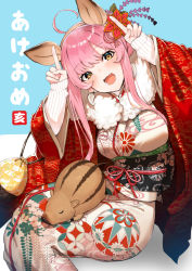 Rule 34 | 1girl, :d, ahoge, animal ears, bag, blush, boar, boar ears, breasts, brown eyes, fake animal ears, fang, floral print, flower, fur collar, fur trim, hair between eyes, hair flower, hair ornament, hands up, horns, horns pose, japanese clothes, kimono, large breasts, long sleeves, looking at viewer, new year, obi, open mouth, original, pink hair, pyz (cath x tech), red kimono, ribbed sweater, sash, sidelocks, simple background, sitting, smile, solo, sweater, white sweater, wide sleeves