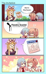 Rule 34 | !, !!, 3girls, 4koma, ?, ascot, bat wings, blonde hair, blouse, blue hair, calendar (object), comic, commentary, day, door, dress, english text, flandre scarlet, hand on another&#039;s shoulder, hat, highres, holding, letter, mob cap, multiple girls, pink dress, pointy ears, puffy short sleeves, puffy sleeves, purple dress, red ascot, red eyes, red vest, remilia scarlet, shirt, short hair, short sleeves, siblings, side ponytail, sisters, smile, text focus, touhou, upper body, vest, white shirt, wing collar, wings, yakumo yukari, yoruny