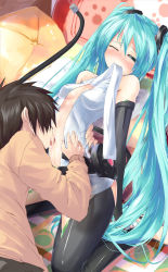Rule 34 | 1boy, 1girl, aqua hair, bare shoulders, blush, breasts, bridal gauntlets, center opening, daidou (demitasse), hatsune miku, hatsune miku (append), hetero, highres, licking, long hair, mouth hold, licking navel, necktie, sitting, thighhighs, twintails, very long hair, vocaloid, vocaloid append, wavy mouth, wet, wince