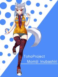 Rule 34 | 1girl, alternate costume, animal ears, bare shoulders, beckoning, bracelet, canvas shoes, contemporary, cross-laced footwear, dress shirt, fangs, female focus, gmot, headphones, headphones around neck, highres, inubashiri momiji, jewelry, leaf, long hair, maple leaf, nail polish, open mouth, plaid, plaid shoes, print thighhighs, purple thighhighs, red eyes, shirt, shoes, short hair, short shorts, shorts, silver hair, sleeveless, smile, sneakers, solo, tail, thighhighs, touhou, unmoving pattern, very long hair, wolf ears, wolf tail