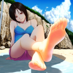 Rule 34 | 1girl, barefoot, black hair, cloud, day, feet, foot focus, foreshortening, original, red eyes, shade, shin (world 3000), short hair, shorts, sitting, sky, smile, soles, solo, striped, tank top, toes