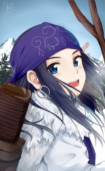 Rule 34 | 1girl, :d, asirpa, bare tree, blue eyes, blush, dated, day, earrings, eyebrows, eyelashes, golden kamuy, jewelry, long hair, looking at viewer, mountain, open mouth, outdoors, signature, smile, solo, tarachine, tree, upper body, winter, winter clothes