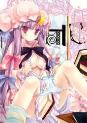 Rule 34 | 1girl, :&lt;, between legs, book, breasts, censored, cleavage, convenient censoring, doily, female focus, hat, jitome, large breasts, long hair, miyasu risa, no bra, open clothes, open shirt, panties, panty pull, patchouli knowledge, purple eyes, purple hair, robe, shirt, solo, touhou, underwear