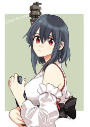 Rule 34 | 1girl, black hair, breasts, clipboard, detached sleeves, green background, hair between eyes, hair ornament, headgear, japanese clothes, jewelry, kantai collection, light smile, looking at viewer, looking to the side, medium breasts, nontraditional miko, obi, ornate ring, pagoda, red eyes, ring, sagamiso, sash, short hair, solo, twitter username, upper body, wedding ring, white background, wide sleeves, yamashiro (kancolle)