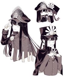 Rule 34 | 1boy, 1girl, black cape, blush, brother and sister, cape, chibi, crest, family crest, fate/grand order, fate (series), gloves, greyscale, hat, long sleeves, low ponytail, medallion, military hat, monochrome, oda nobukatsu (fate), oda nobunaga (fate), oda uri, peaked cap, pointing, pointing up, shako cap, siblings, simple background, upper body, white background, yzrh0