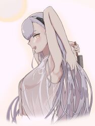 Rule 34 | 1girl, absurdres, ak-alfa (girls&#039; frontline), armpits, black hairband, breasts, from side, girls&#039; frontline, grey hair, hair brush, hairband, highres, holding, holding brush, holding own hair, long hair, looking at viewer, looking to the side, manah (artist), medium breasts, open mouth, shirt, simple background, sleeveless, upper body, wet, wet clothes, wet shirt, yellow eyes