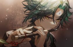 Rule 34 | 1boy, black hair, black shirt, dizi, eyeshadow, facial mark, flute, forehead mark, genshin impact, green hair, hair between eyes, highres, holding, holding instrument, instrument, long sleeves, looking at viewer, makeup, male focus, multicolored hair, official alternate costume, red eyeshadow, shirt, signature, simple background, solo, transverse flute, upper body, vest, white vest, xiao (genshin impact), yellow eyes, zaso