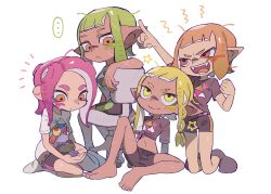 Rule 34 | 4girls, absurdres, agent 3 (splatoon), agent 3 (splatoon 3), agent 4 (splatoon), agent 8 (splatoon), asymmetrical hair, bare legs, barefoot, blonde hair, fangs, green hair, highres, inkling, inkling girl, inkling player character, multiple girls, nintendo, octoling, octoling girl, octoling player character, orange hair, pink hair, pointy ears, shirt, short shorts, shorts, smallfry (splatoon), smile, splatoon (series), splatoon 1, splatoon 2, splatoon 3, squidbeak splatoon, suction cups, tentacle hair, the legend of zelda, tied shirt, triforce, triforce print, usa go13