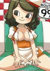Rule 34 | 1girl, animal crossing, apron, black eyes, breasts, closed mouth, collarbone, diner, fingernails, green hair, high-waist skirt, highres, indoors, looking to the side, medium breasts, muramasa mikado, nail polish, nintendo, no pupils, open clothes, open shirt, orange skirt, pink nails, puffy short sleeves, puffy sleeves, shirt, short hair, short sleeves, sitting, skirt, smile, solo, swept bangs, tile wall, tiles, unbuttoned, unbuttoned shirt, villager (animal crossing), waist apron, waitress, white apron, white shirt
