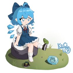 Rule 34 | 1girl, ahoge, black footwear, bloomers, blue bow, blue dress, blue eyes, blue hair, bow, cirno, collared shirt, detached wings, dress, fairy, fang, frog, frozen frog, full body, hair bow, highres, ice, ice wings, kuzucirno, md5 mismatch, open mouth, puffy short sleeves, puffy sleeves, resolution mismatch, self-upload, shirt, shoes, short hair, short sleeves, simple background, single shoe, skin fang, smile, solo, source smaller, touhou, underwear, white background, white shirt, wings