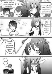 Rule 34 | 1boy, 1girl, 4koma, ahoge, animal ears, arm behind back, blush, border, cat ears, catstudioinc (punepuni), clenched hand, comic, commentary request, computer, greyscale, half updo, hand on another&#039;s head, hand to own mouth, highres, laptop, machiro (catstudioinc), monochrome, one eye closed, original, thai text, translation request, tsundere
