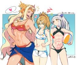Rule 34 | 3girls, :&lt;, :d, ?, abs, anger vein, arrow (symbol), bad id, bad pixiv id, ball, bare shoulders, beachball, bikini, bikini shorts, black bikini, blonde hair, blunt bangs, breasts, circlet, cleavage, clenched teeth, closed eyes, closed mouth, commentary, criss-cross halter, dated, fate/grand order, fate (series), green eyes, hair intakes, halterneck, hand on own hip, headband, heart, kodama (wa-ka-me), large breasts, laughing, long hair, looking at another, medium breasts, mordred (fate), mordred (fate/apocrypha), multiple girls, muscular, muscular female, navel, open mouth, penthesilea (fate), ponytail, quetzalcoatl (fate), red bikini, sarong, shorts, small breasts, smile, spoken anger vein, spoken heart, stomach, swimsuit, teeth, very long hair, white hair