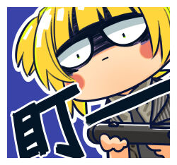 Rule 34 | 1girl, :|, black necktie, black vest, blonde hair, blue background, blush stickers, bolt action, brown shirt, chibi, chinese commentary, closed mouth, commentary request, constricted pupils, girls&#039; frontline, green eyes, gun, handgun, highres, holding, holding gun, holding weapon, jitome, necktie, official art, pinstripe pattern, shaded face, shirt, short hair, short twintails, simple background, solo, striped, su xiao jei, twintails, upper body, vest, weapon, welrod, welrod mkii (girls&#039; frontline)