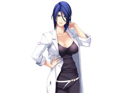Rule 34 | 1girl, aigan reijou: ingyaku contract, belt, blue eyes, blue hair, breasts, cleavage, dress, female focus, game cg, hand on own hip, himuro ai, lab coat, large breasts, looking at viewer, matching hair/eyes, short hair, simple background, smile, solo, standing, white background