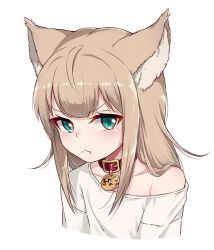 Rule 34 | &gt;:(, 1girl, 40hara, :t, ahoge, animal ear fluff, animal ears, aqua eyes, blonde hair, cat ears, closed mouth, collar, collarbone, animal collar, frown, kinako (40hara), long hair, looking at viewer, off shoulder, original, pout, shirt, simple background, solo, translated, tsurime, upper body, v-shaped eyebrows, white background, white shirt