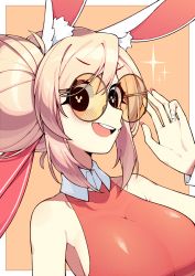 Rule 34 | 1girl, absurdres, animal ear fluff, animal ears, bare shoulders, black eyes, blonde hair, blouse, blush, border, borrowed character, breasts, commentary, double bun, english commentary, fiz (fizintine), glasses, hair bun, highres, large breasts, looking at viewer, nail art, nail polish, open mouth, original, pink nails, rabbit-shaped pupils, rabbit ears, rabbit girl, round eyewear, shirt, sidelocks, sleeveless, sleeveless shirt, smile, solo, symbol-shaped pupils, unexistarts, upper body, v-shaped eyebrows, white border