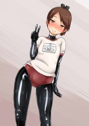 Rule 34 | 1girl, alternate costume, arm at side, ayuayu (shouyu no sato), black bow, blush, bodysuit, bodysuit under clothes, bow, breasts, brown eyes, brown hair, buruma, closed mouth, contrapposto, cowboy shot, flat chest, gym shirt, hair bow, hand up, head tilt, kantai collection, latex, lips, looking at viewer, name tag, shikinami (kancolle), shirt, skin tight, solo, standing, striped buruma, striped clothes, tsurime, v