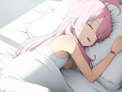 Rule 34 | 1girl, :d, absurdres, ahoge, back, bananafish1111, bare shoulders, blue archive, bracelet, closed eyes, drooling, highres, hoshino (blue archive), jewelry, long hair, lying, on bed, on side, open mouth, pillow, pink hair, sleeping, smile, teeth