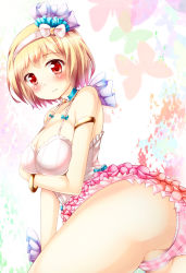 Rule 34 | 10s, 1girl, alternate costume, ass, blonde hair, blush, bracelet, breasts, cleavage, djeeta (granblue fantasy), female focus, gradient background, granblue fantasy, hairband, jewelry, large breasts, panties, panties day, partially visible vulva, red eyes, short hair, smile, solo, striped clothes, striped panties, superstar (granblue fantasy), tekehiro, underwear