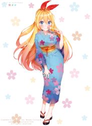 Rule 34 | 1girl, alternate costume, artist name, blonde hair, blue eyes, blue kimono, blush, breasts, closed mouth, commentary request, deviantart logo, floral background, floral print, food, full body, hair between eyes, hair ribbon, highres, holding, holding food, instagram logo, japanese clothes, kimono, kirisaki chitoge, large breasts, long hair, long sleeves, looking at viewer, multicolored hair, nail polish, nisekoi, obi, print kimono, puppypaww, red nails, red ribbon, ribbon, sample watermark, sandals, sash, smile, snowflakes, solo, twitter logo, very long hair, watermark, wide sleeves, yukata