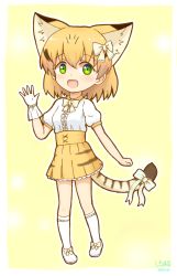 Rule 34 | 10s, 1girl, :d, adapted costume, animal ears, bad id, bad pixiv id, blonde hair, bow, cat ears, cat tail, commentary, dated, extra ears, full body, gloves, green eyes, hair between eyes, hair bow, hand up, highres, kemono friends, kneehighs, looking at viewer, open mouth, outline, print skirt, puffy short sleeves, puffy sleeves, sand cat (kemono friends), sand cat print, shiraha maru, shirt, shoes, short hair, short sleeves, signature, simple background, single glove, skirt, smile, socks, solo, tail, tail bow, tail ornament, white gloves, white socks, white outline, white shirt, yellow background, yellow skirt