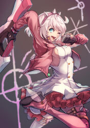 Rule 34 | 1girl, ahoge, aqua eyes, black gloves, boots, bracelet, breasts, clover, collar, dress, elphelt valentine, four-leaf clover, frilled dress, frills, gloves, guilty gear, guilty gear strive, gun, hairband, holding, holding gun, holding microphone, holding weapon, huge ahoge, jacket, jewelry, large breasts, long sleeves, looking at viewer, microphone, one eye closed, online neet, open mouth, pink dress, pink footwear, pink hairband, pink jacket, short hair, sideboob, smile, spiked bracelet, spiked collar, spiked hairband, spikes, standing, standing on one leg, thigh boots, two-tone dress, weapon, white dress, white hair