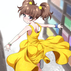 Rule 34 | 1girl, aged down, amanogawa kirara, armband, ass, back, bangle, blunt bangs, book, bookshelf, bracelet, brown hair, child, dress, eyelashes, from behind, go! princess precure, gradient background, hair ornament, jewelry, light particles, looking at viewer, looking back, nakahira guy, outstretched arms, precure, purple eyes, running, short hair, sleeveless, sleeveless dress, smile, solo, spread arms, star (symbol), star hair ornament, twintails, yellow dress