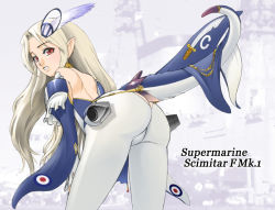 Rule 34 | 1girl, aircraft, airplane, ass, blonde hair, head wings, janome gochou, jet, mecha, mecha musume, military, original, pointy ears, red eyes, robot, scimitar, solo, supermarine, supermarine scimitar, sword, tail, weapon, wings
