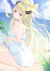Rule 34 | 1girl, absurdres, animal ears, back, backless dress, backless outfit, bad id, bad pixiv id, beach, blonde hair, braid, breasts, closed mouth, clothes lift, dress, dress lift, finger to cheek, from behind, from side, half updo, halter dress, halterneck, hat, head tilt, highres, hololive, horns, large breasts, light blush, light smile, long hair, looking at viewer, looking back, ocean, purple eyes, sheep ears, sheep girl, sheep horns, short dress, shoulder blades, sitting, sleeveless, sleeveless dress, solo, spaghetti strap, summer, sun hat, sundress, tsunomaki watame, very long hair, virtual youtuber, wariza, white hat, yohagi