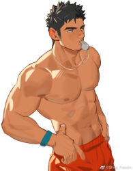 Rule 34 | 1boy, abs, bara, from above, large pectorals, lifeguard, long sideburns, looking ahead, male focus, male swimwear, muscular, muscular male, navel, nipples, original, pectorals, red male swimwear, short hair, sideburns, solo, stomach, thick eyebrows, topless male, whistle, whistle around neck, white background, youchi123