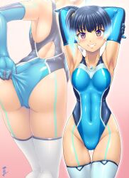 Rule 34 | 1girl, adjusting clothes, adjusting swimsuit, aozame takao, armpits, arms behind head, arms up, ass, blue hair, blush, breasts, brown eyes, chest jewel, competition swimsuit, elbow gloves, fiery hair, gloves, glowing lines, highleg, looking at viewer, navel, one-piece swimsuit, sena (xenoblade), side ponytail, skin tight, small breasts, smile, solo, swimsuit, xenoblade chronicles (series), xenoblade chronicles 3