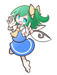 Rule 34 | 1girl, :d, aqua eyes, ascot, barefoot, blue sky, blue vest, bow, collared shirt, daiyousei, fairy wings, full moon, green hair, hair bow, index finger raised, looking at viewer, moon, open mouth, parody, puyopuyo, shinmon akika, shirt, short sleeves, side ponytail, simple background, sky, smile, solo, style parody, touhou, vest, white background, white shirt, wings, yellow ascot, yellow bow