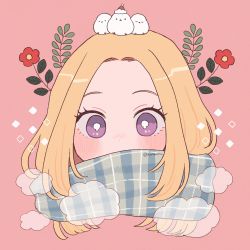 Rule 34 | 1girl, animal, animal on head, bird, bird on head, blonde hair, blush, bright pupils, covered mouth, emma (kumaema), flower, hat, highres, looking at viewer, on head, original, pink background, plaid, plaid scarf, portrait, purple eyes, red flower, santa hat, scarf, simple background, solo, twitter username, white pupils