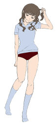 Rule 34 | 1girl, araki yuuya, buruma, gym uniform, hair down, kimi kiss, mizusawa mao, simple background, socks, solo, white background