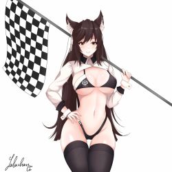 Rule 34 | 1girl, animal ear fluff, animal ears, artist request, atago (azur lane), atago (stunning speedster) (azur lane), azur lane, bikini, boots, breasts, brown hair, checkered flag, cowboy shot, detached sleeves, flag, highleg, highleg bikini, highres, holding, holding flag, large breasts, long hair, looking at viewer, race queen, signature, smile, solo, swimsuit, thigh boots, thighhighs, white background, white sleeves, yellow eyes