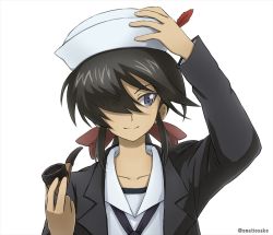 Rule 34 | 10s, 1girl, black eyes, black hair, black jacket, black neckerchief, closed mouth, commentary, dark-skinned female, dark skin, dixie cup hat, eyes visible through hair, feathers, girls und panzer, hair over one eye, hand on headwear, hat, holding, holding smoking pipe, jacket, long hair, long sleeves, looking to the side, military hat, neckerchief, ogin (girls und panzer), omachi (slabco), ooarai naval school uniform, portrait, sailor collar, school uniform, simple background, smile, smoking pipe, solo, white background