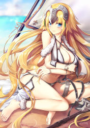 Rule 34 | 1girl, bare shoulders, barefoot, beach, bikini, blonde hair, blue eyes, blue sky, blurry, blurry background, blush, breasts, cleavage, closed mouth, cloud, cloudy sky, commentary request, day, depth of field, fate/grand order, fate (series), feet, fingernails, fur trim, hair between eyes, headpiece, horizon, jeanne d&#039;arc (fate), jeanne d&#039;arc (ruler) (fate), jeanne d&#039;arc (third ascension) (fate), large breasts, long hair, looking at viewer, ocean, outdoors, sand, sitting, sky, solo, swimsuit, twitter username, tyone, very long hair, water, white bikini, yokozuwari