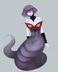 Rule 34 | 1girl, arbok, arm warmers, bare shoulders, breasts, cleavage, colored skin, creatures (company), drawfag, full body, game freak, gen 1 pokemon, grey background, hair ornament, huge breasts, lamia, looking at viewer, monster girl, navel, nintendo, non-web source, open mouth, personification, pokemon, purple hair, purple skin, short hair, solo, yellow eyes