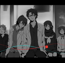 Rule 34 | 2boys, 3girls, aged down, black serafuku, closed eyes, collared shirt, days (kagerou project), enpera, facial hair, family, girl sandwich, glasses, hair ornament, hairclip, kagerou project, kano shuuya, kido tsubomi, kneehighs, lab coat, leaning on person, leaning to the side, letterboxed, long hair, miniskirt, multiple boys, multiple girls, nyifu, sandwiched, scarf, school uniform, serafuku, shirt, short hair, side-by-side, sitting, skirt, sleeping, socks, stubble, tateyama ayaka, tateyama ayano, tateyama kenjirou, vocaloid