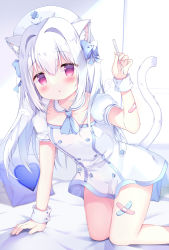 Rule 34 | 1girl, :o, all fours, animal ear fluff, animal ears, azumi kazuki, bandaid, bandaid on arm, bandaid on leg, bed sheet, blush, cat ears, cat girl, cat tail, commentary, crossed bandaids, dress, english commentary, feet out of frame, hair between eyes, hair intakes, hand up, hat, highres, holding, long hair, looking at viewer, nurse, nurse cap, original, parted lips, pillow, puffy short sleeves, puffy sleeves, purple eyes, short sleeves, solo, tail, thermometer, very long hair, white dress, white hair, white hat, wristband