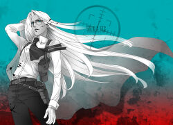 Rule 34 | 1girl, artist name, blue eyes, breasts, cape, cowboy shot, frown, glasses, gloves, greyscale with colored background, gun, hellsing, holding, holding cape, holding clothes, holster, holstered, integra hellsing, long hair, multicolored background, serious, shoulder holster, small breasts, solo, spot color, toshimichi yukari, very long hair, watermark, weapon, web address