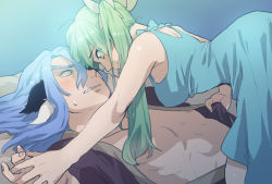 Rule 34 | 1boy, 1girl, animal ears, areola slip, assertive female, babuixxx, blue hair, blush, breasts, couple, diras, dress, forked eyebrows, frey (rune factory), girl on top, green hair, harvest moon, height difference, imminent kiss, long hair, medium breasts, mochizuki anko, nervous, rune factory, rune factory 4, smile, thick eyebrows, twintails, yellow eyes